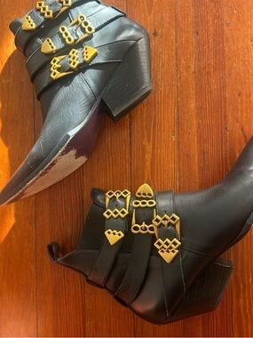 Ras Black Ankle Combat Boots with Gold Buckle Accents